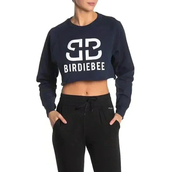 BIRDIEBEE Front Graphic Cropped Knit Sweater Navy - Picture 1 of 8